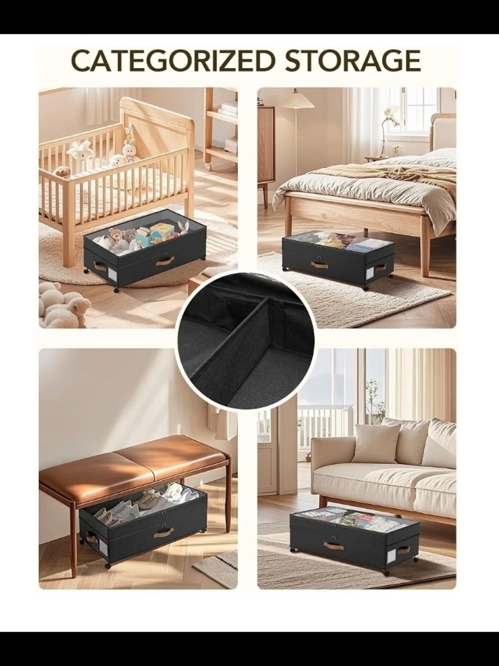 Underbed Storage Organizer with Zippered Lid and Leather Handles, Black - Picture 5 of 7